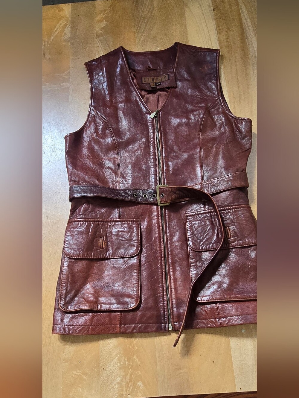 Vintage Studio Leather Belted Safari Vest Medium Brown 70s Longline Utility Top